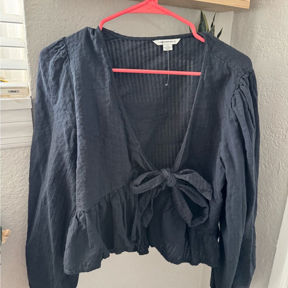American Eagle Outfitters Black Puff Sleeve Blouse with Tie Front